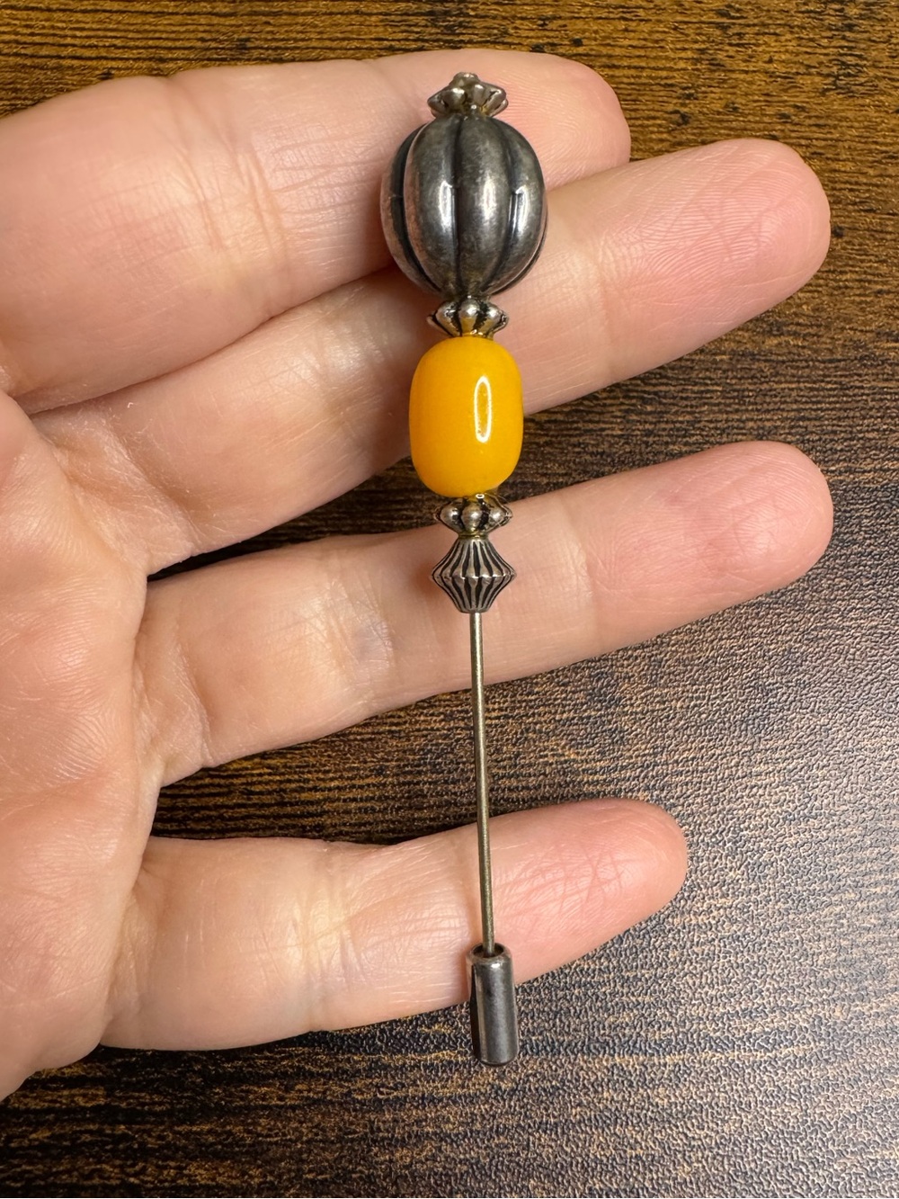 Vintage Egg Yolk Yellow Glass Bead Silver-Tone Stick Hat Pin
